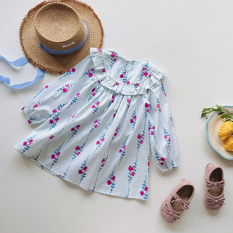 Baby Kids Girls Floral Pattern Long Sleeves Crew Neck Dress