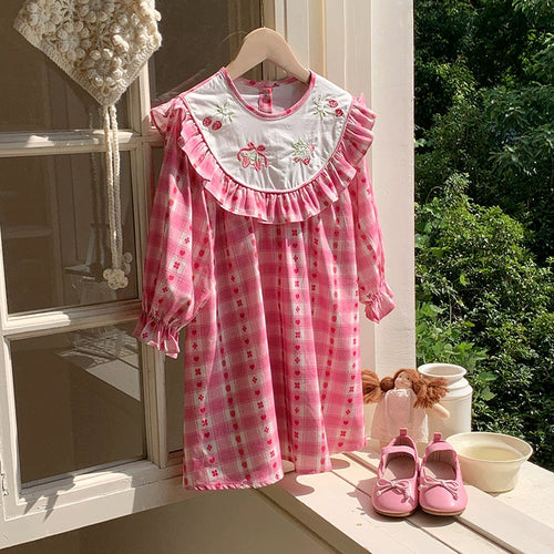 Arrival Autumn Girls Strawberry and Plaid Pattern Long Sleeves Dress