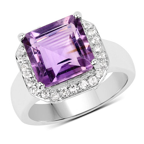 4.42 Carat Genuine  Amethyst and White Topaz .925 Sterling Silver Ring