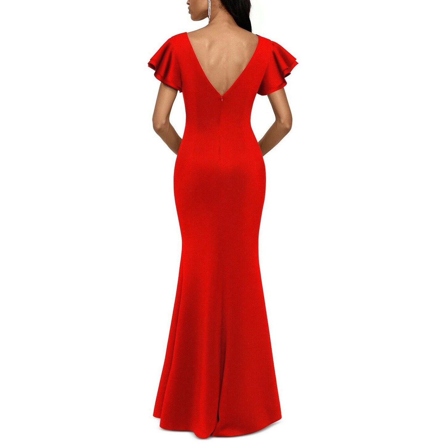 Betsy & Adam Ruffled-Sleeve Slit Scuba Gown, Size 8P