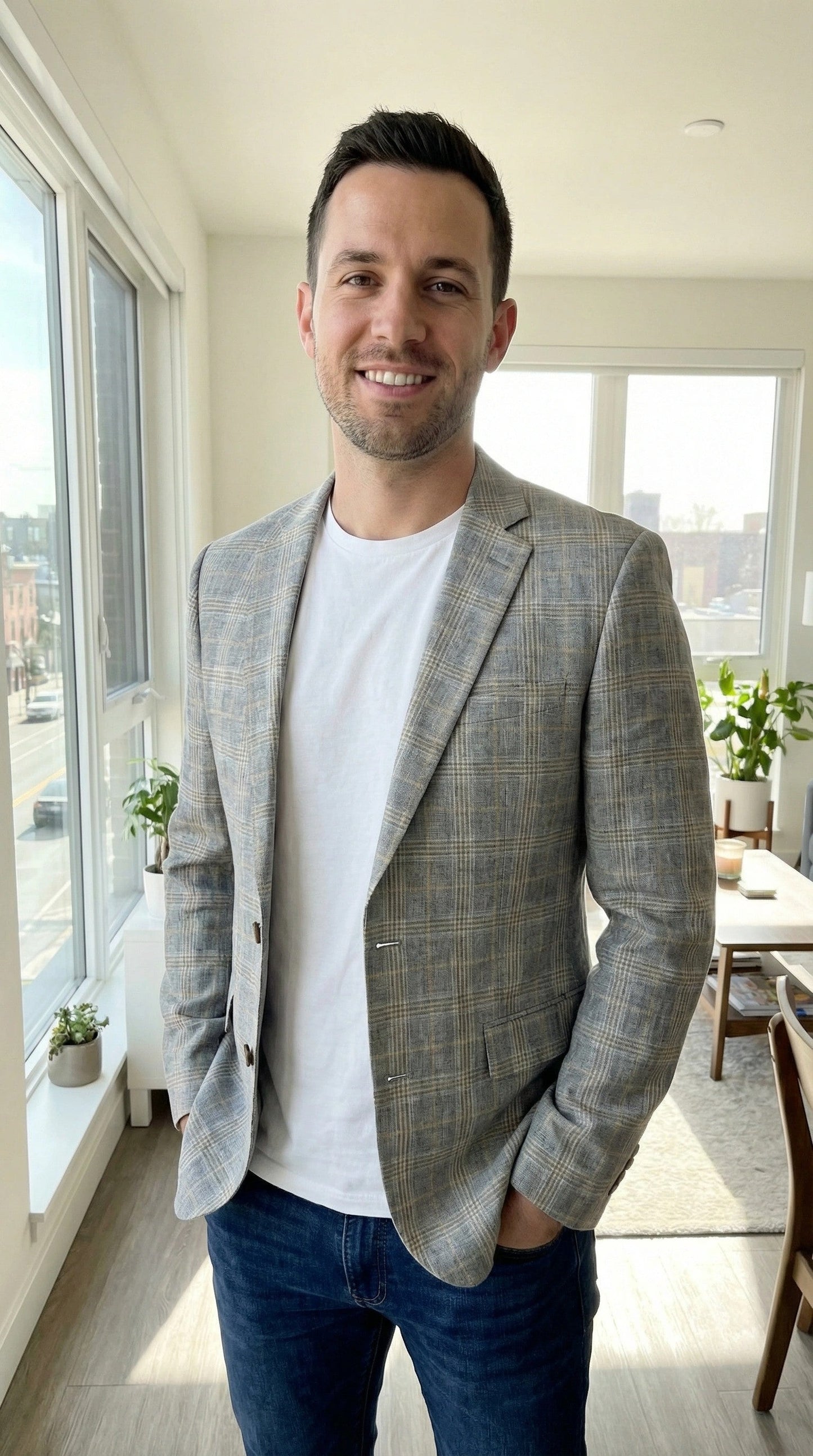 Bar III Mens Slim-Fit Plaid Linen Suit Jacket