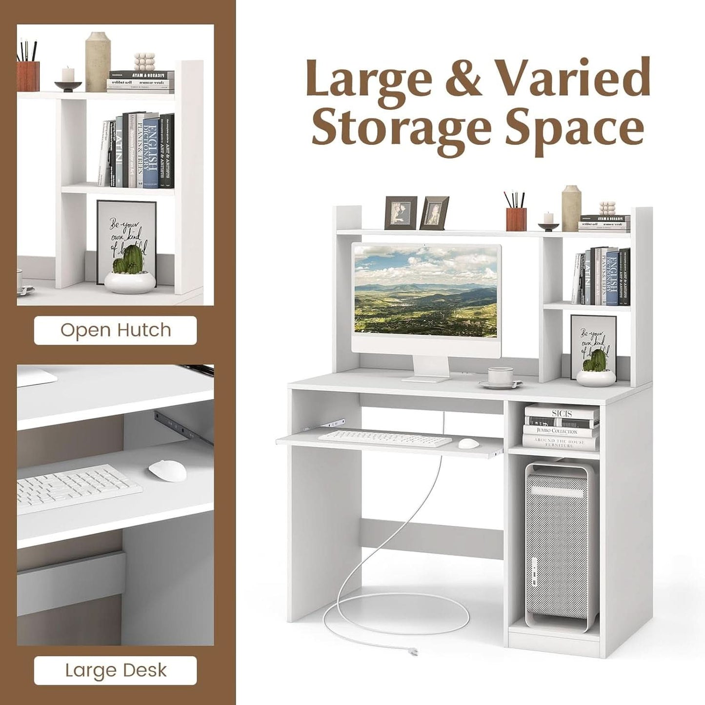 White Desk With Hutch And Charging Station For Home Office
