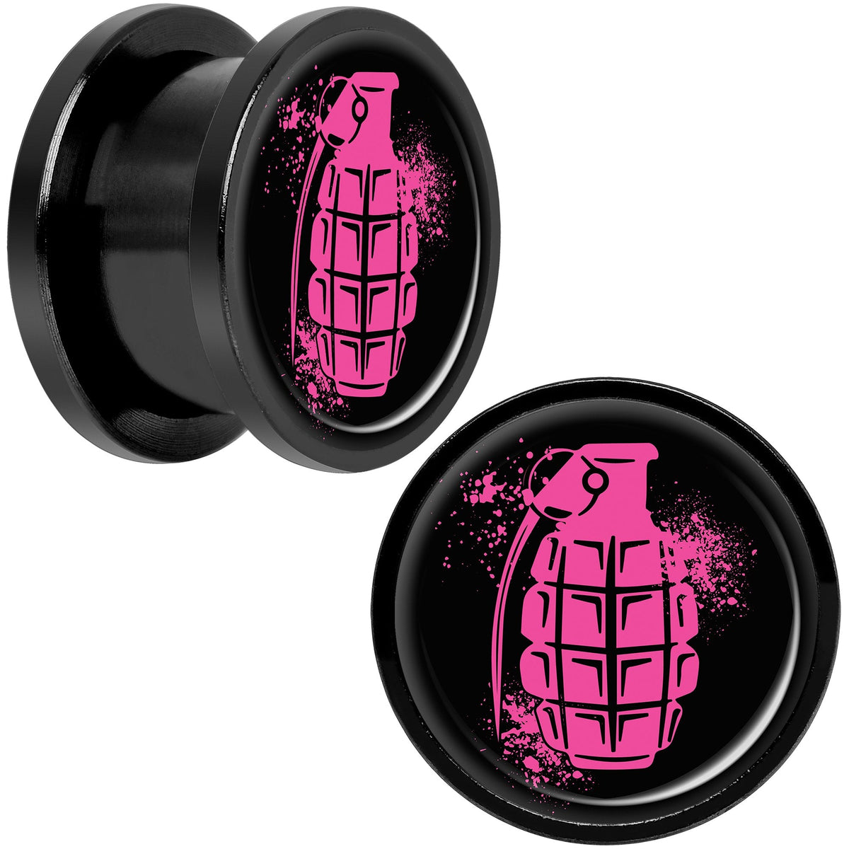 Pink Grenade Black Anodized Screw Fit Plug Set 9/16
